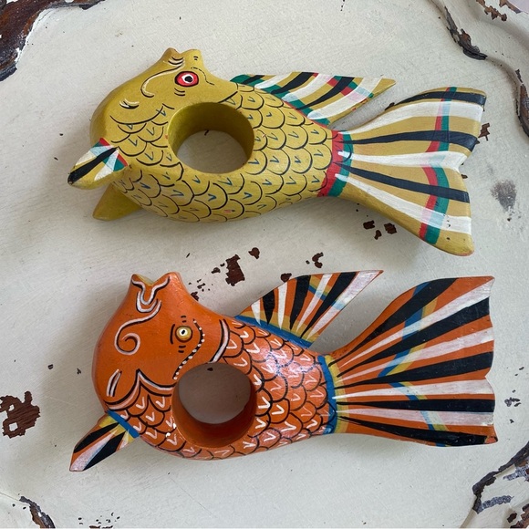 Set of 6 Hand Painted Wooden Tropical Fish Napkin Rings Holders Vintage - Picture 8 of 16